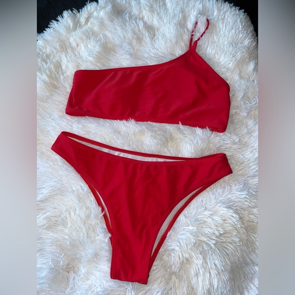 Ribbed One Shoulder Bikini 2 piece swimsuit bathing suit red size medium padded* - Picture 7 of 10